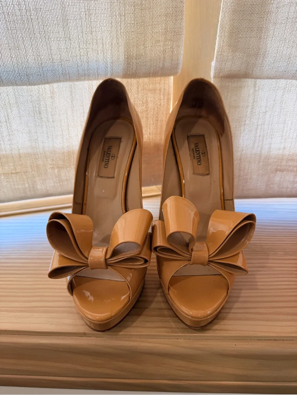 Valentino Garavani Tan Patent Peep-Toe Platform Pumps with Bow